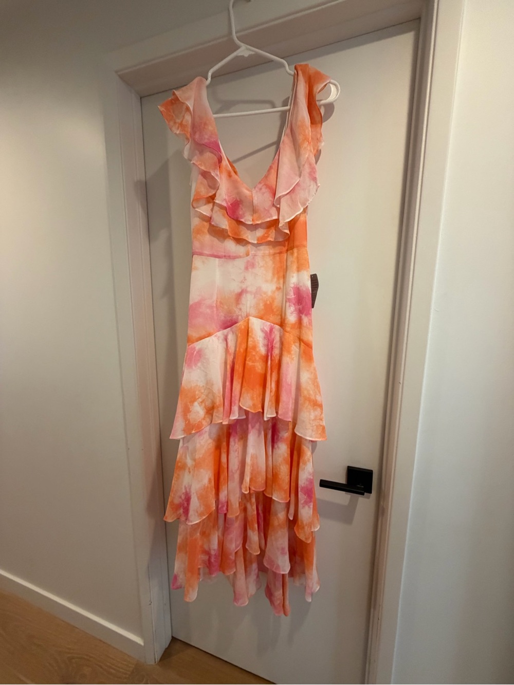 Wayf Pink and Orange Ruffled High-Low Maxi Dress